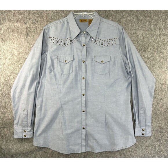 Wrangler Shirt Denim Chambray Women's XL Metal Snap Western Studded Rodeo Ranch - Picture 1 of 11